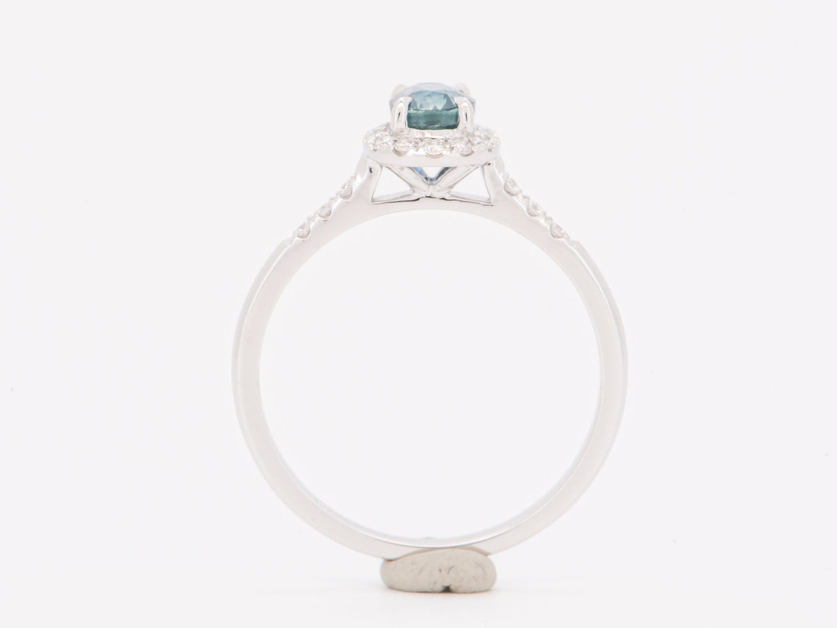 14K White Gold Montana Sapphire with Diamond Halo Engagement Ring Teal Blue Natural Gemstone R6846 Aurora Designer