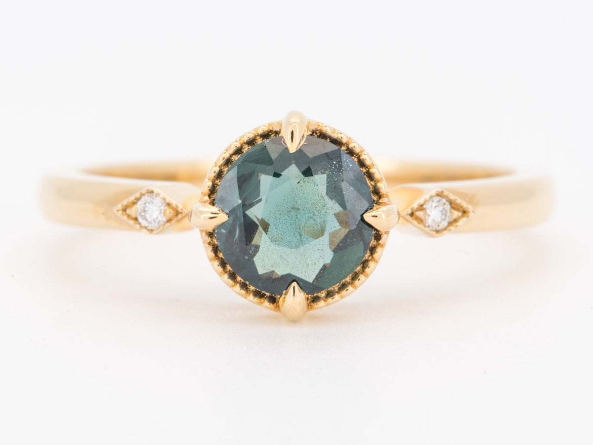 14K Gold Teal Sapphire Engagement Ring with Milgrain Halo and Side Diamond R6848 Aurora Designer