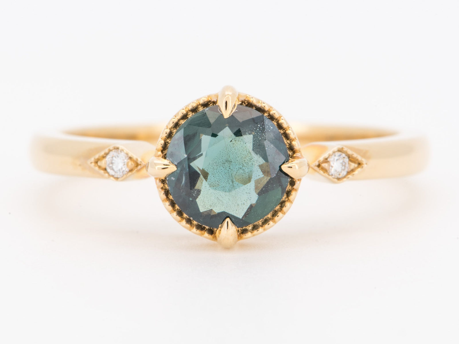 14K Gold Teal Sapphire Engagement Ring with Milgrain Halo and Side Diamond R6848 Aurora Designer