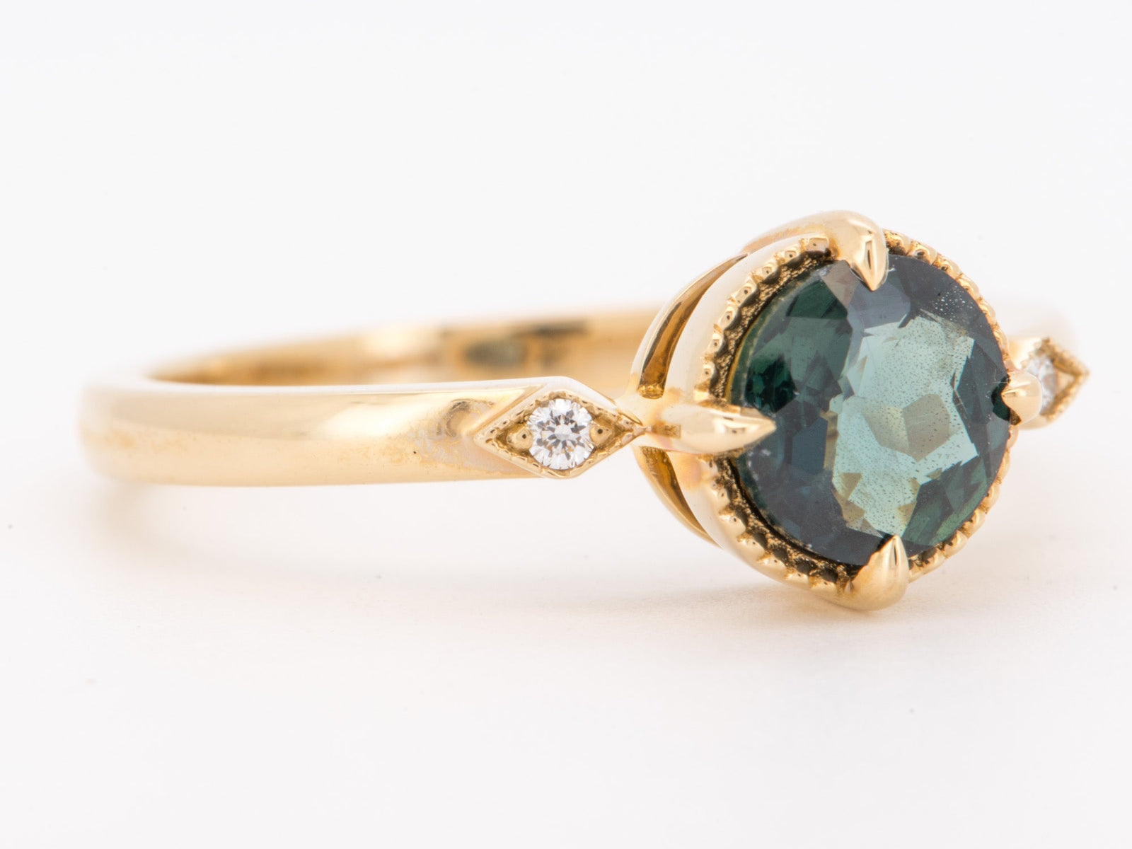 14K Gold Teal Sapphire Engagement Ring with Milgrain Halo and Side Diamond R6848 Aurora Designer