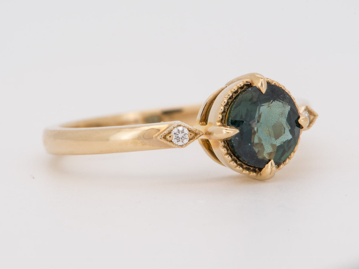 14K Gold Teal Sapphire Engagement Ring with Milgrain Halo and Side Diamond R6848 Aurora Designer