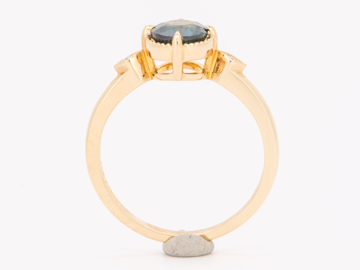 14K Gold Teal Sapphire Engagement Ring with Milgrain Halo and Side Diamond R6848 Aurora Designer