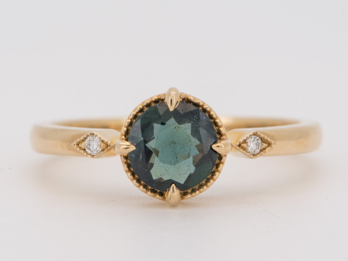14K Gold Teal Sapphire Engagement Ring with Milgrain Halo and Side Diamond R6848 Aurora Designer