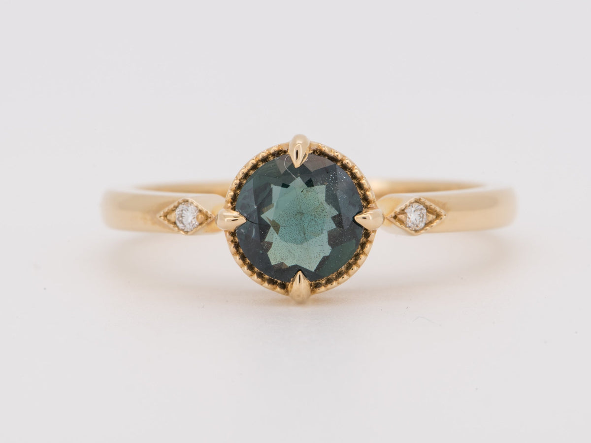 14K Gold Teal Sapphire Engagement Ring with Milgrain Halo and Side Diamond R6848 Aurora Designer