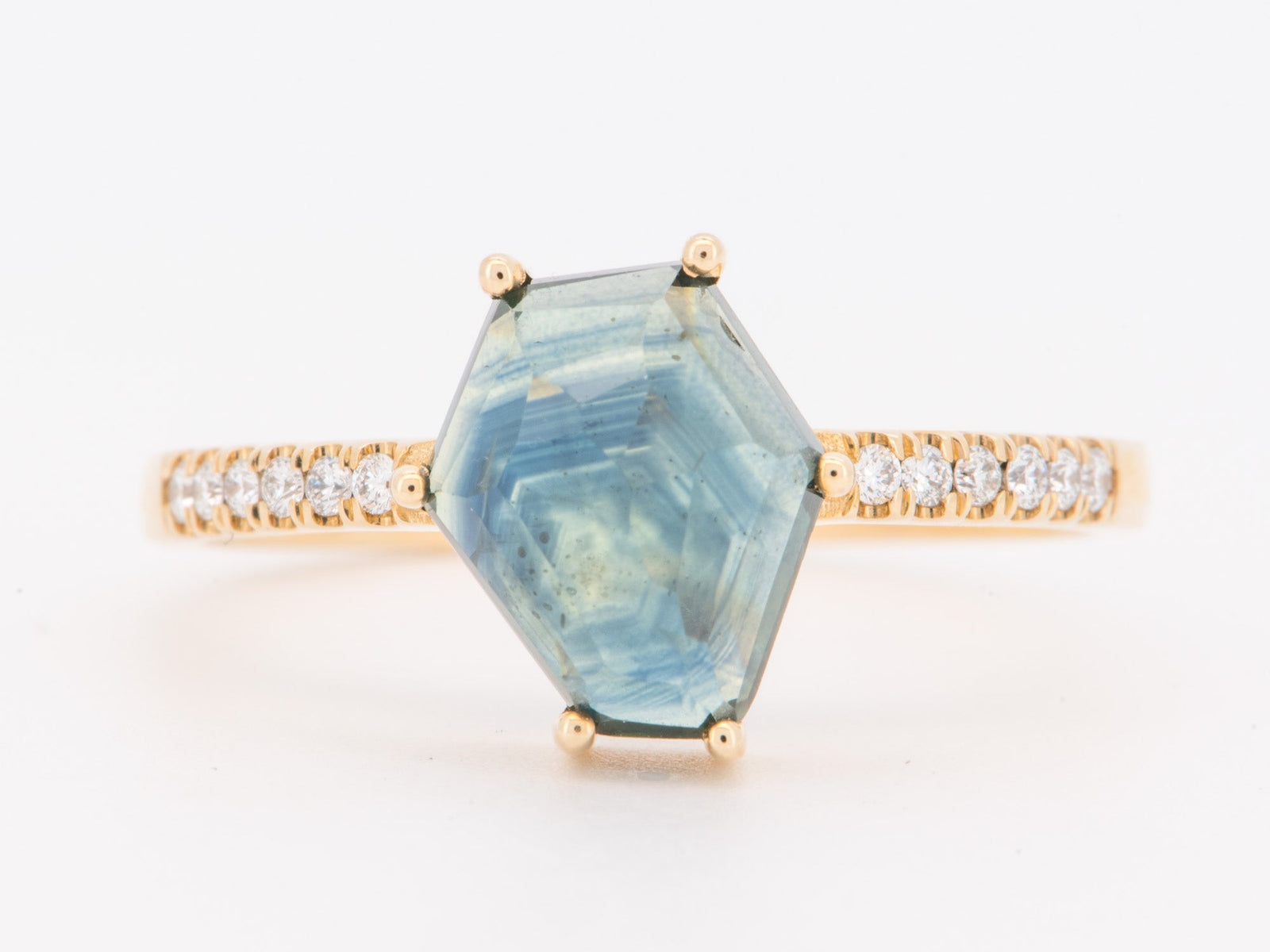 14K Gold 2.69ct Freeform Montana Sapphire Engagement Ring Diamond Pave Band Rustic Hand-Cut Alternative Bride Teal Blue R6850 Aurora Designer