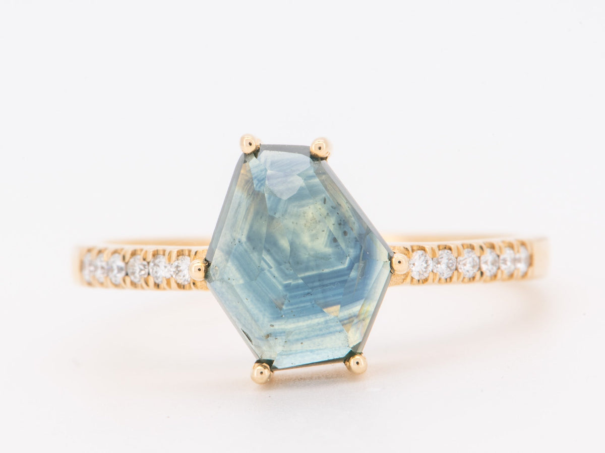 14K Gold 2.69ct Freeform Montana Sapphire Engagement Ring Diamond Pave Band Rustic Hand-Cut Alternative Bride Teal Blue R6850 Aurora Designer