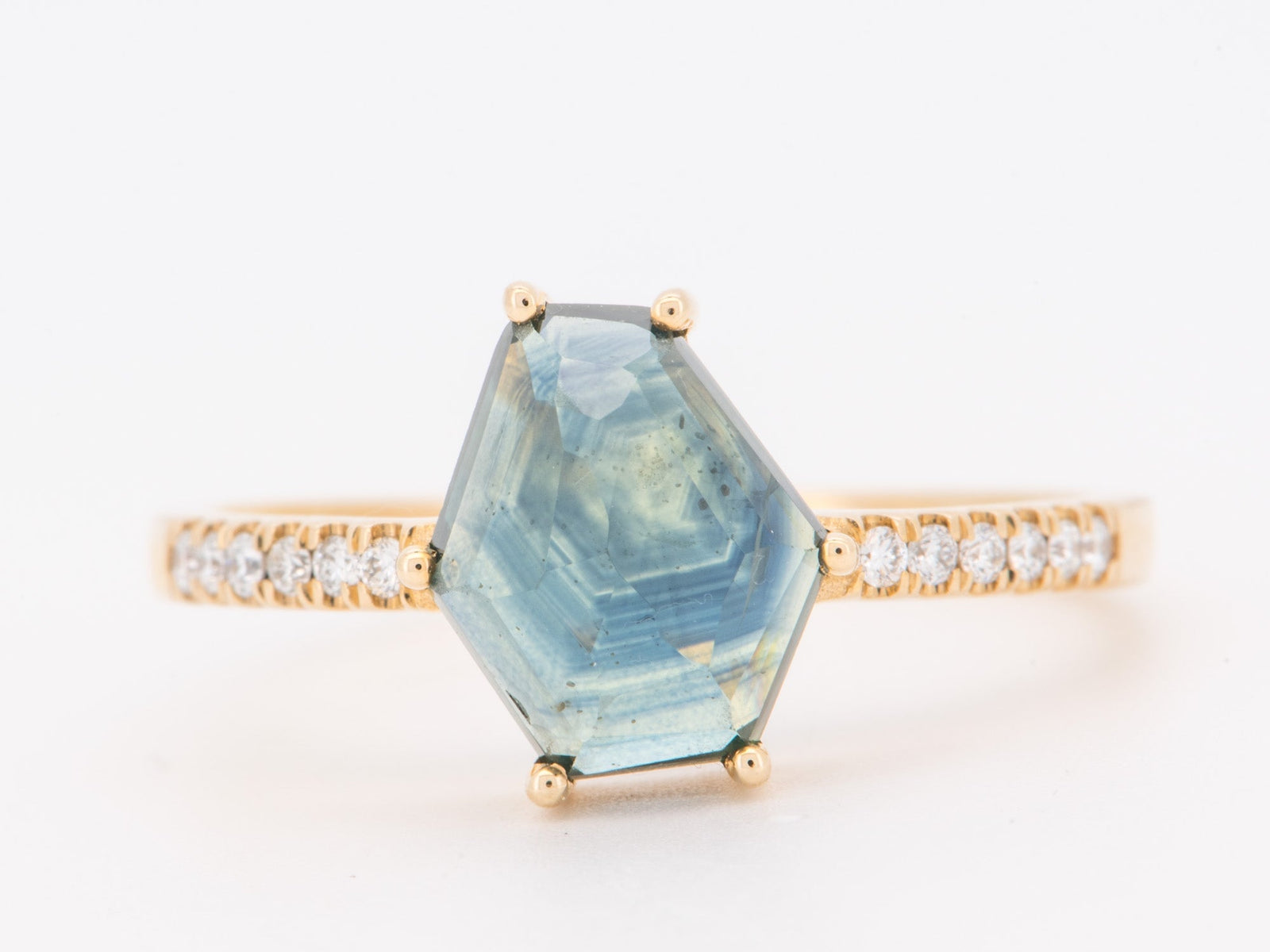 14K Gold 2.69ct Freeform Montana Sapphire Engagement Ring Diamond Pave Band Rustic Hand-Cut Alternative Bride Teal Blue R6850 Aurora Designer