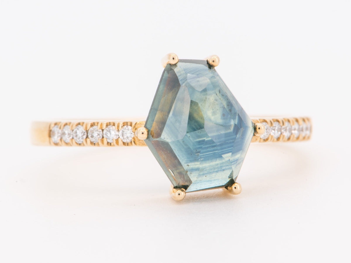 14K Gold 2.69ct Freeform Montana Sapphire Engagement Ring Diamond Pave Band Rustic Hand-Cut Alternative Bride Teal Blue R6850 Aurora Designer