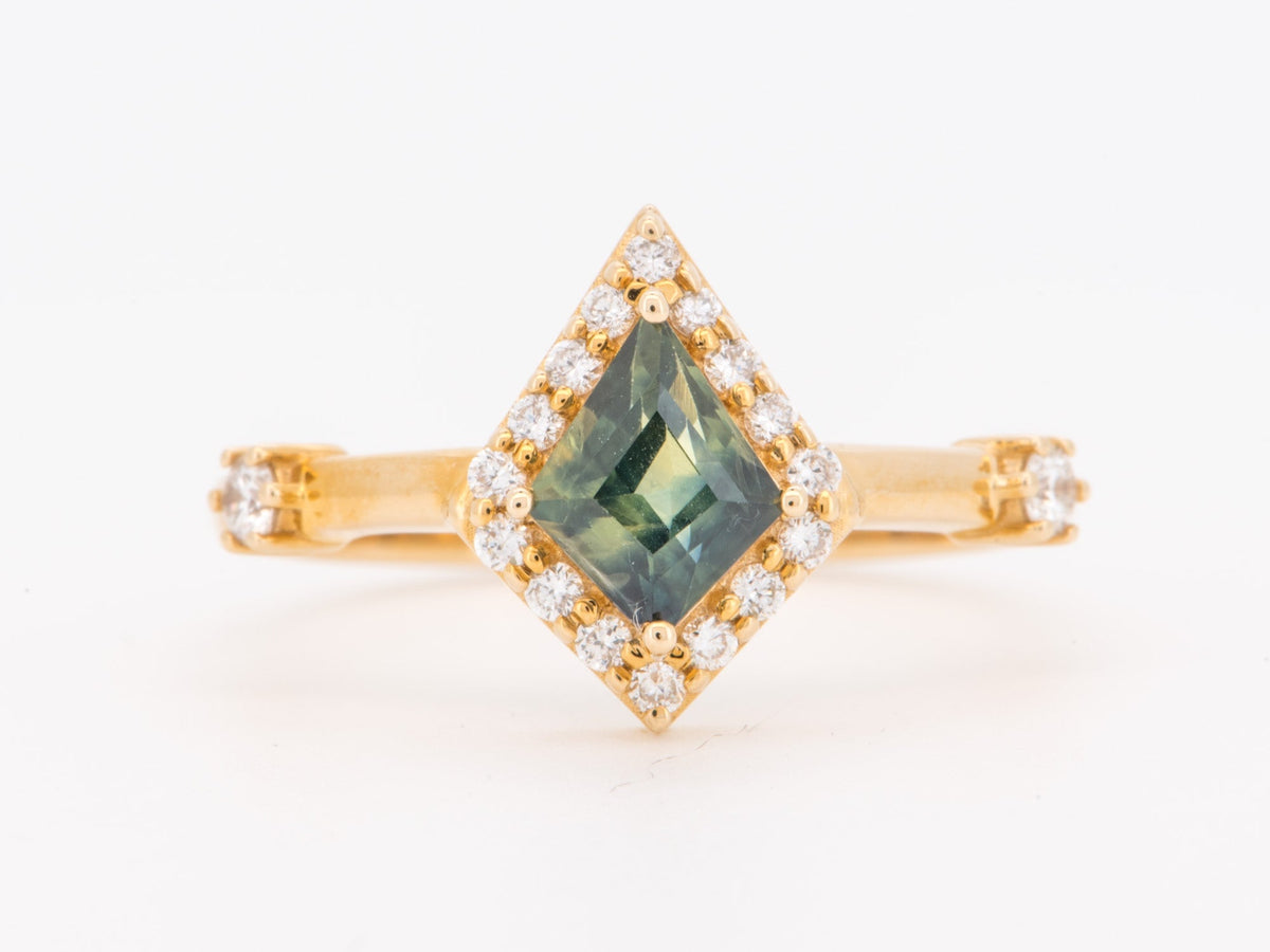 14K Gold Australian Teal Sapphire with Diamond Halo Engagement Ring R6853 Aurora Designer