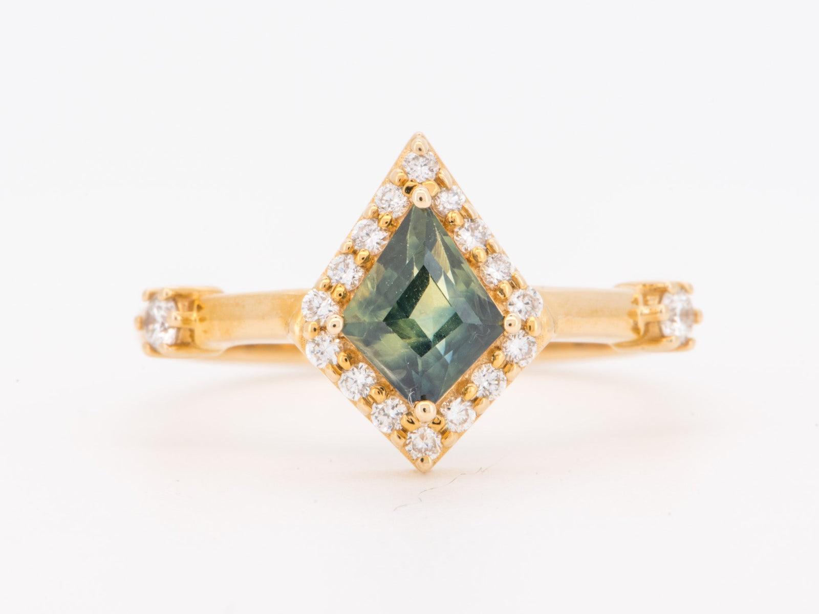 14K Gold Australian Teal Sapphire with Diamond Halo Engagement Ring R6853 Aurora Designer