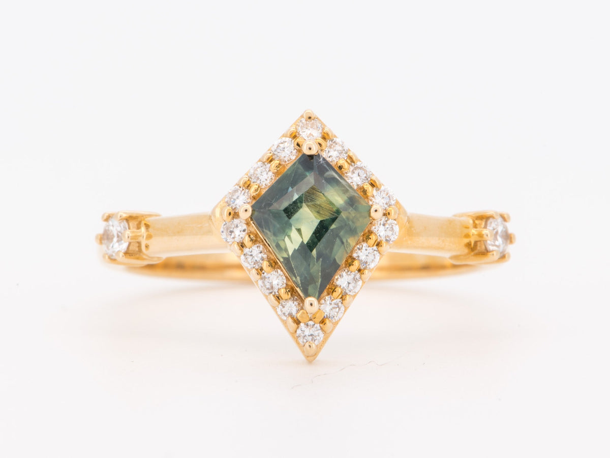 14K Gold Australian Teal Sapphire with Diamond Halo Engagement Ring R6853 Aurora Designer
