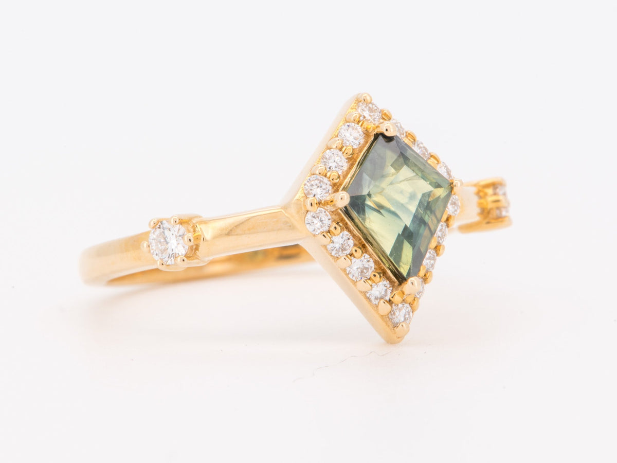 14K Gold Australian Teal Sapphire with Diamond Halo Engagement Ring R6853 Aurora Designer