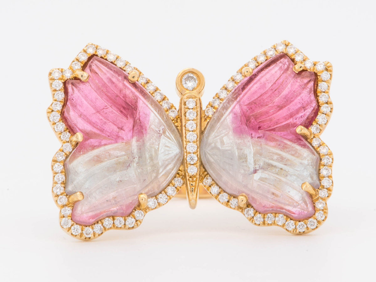 14K Gold Butterfly Tourmaline Carving Ring Diamond Halo R6854 Aurora Designer