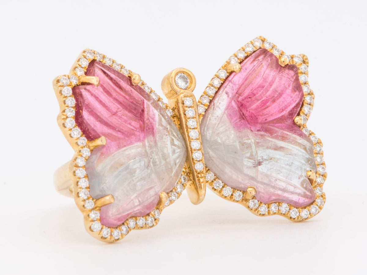 14K Gold Butterfly Tourmaline Carving Ring Diamond Halo R6854 Aurora Designer