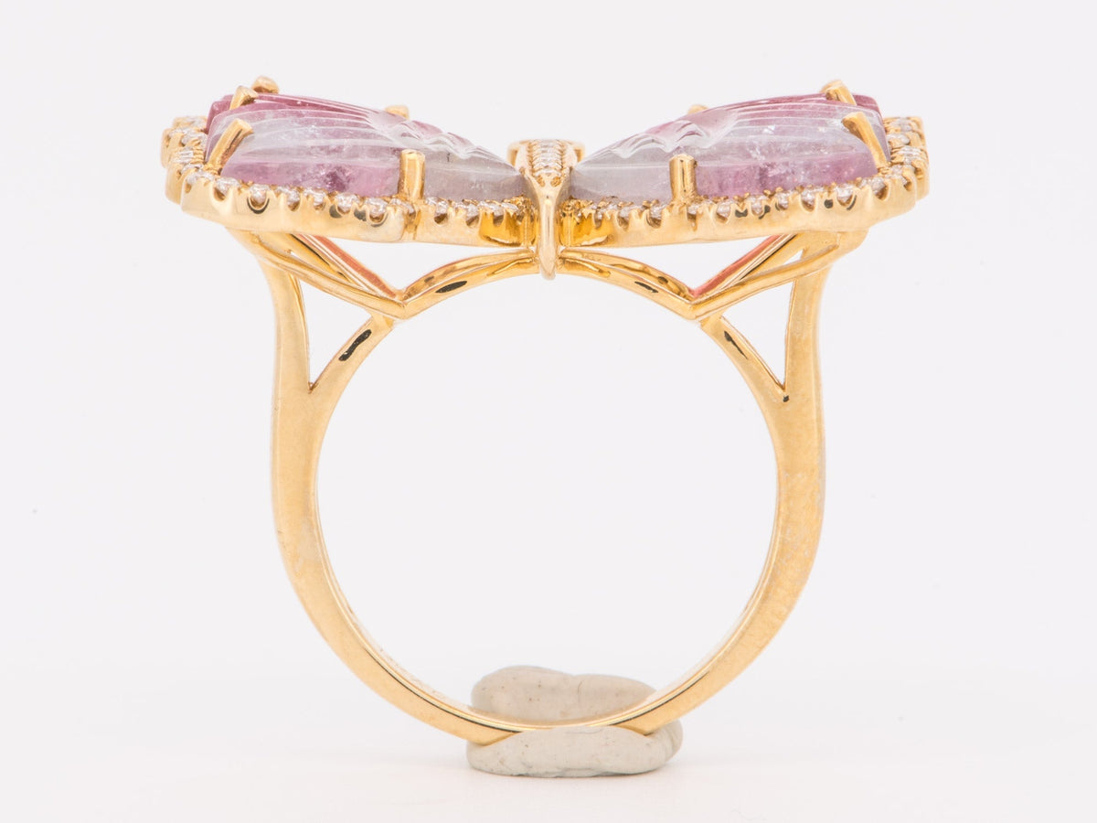 14K Gold Butterfly Tourmaline Carving Ring Diamond Halo R6854 Aurora Designer