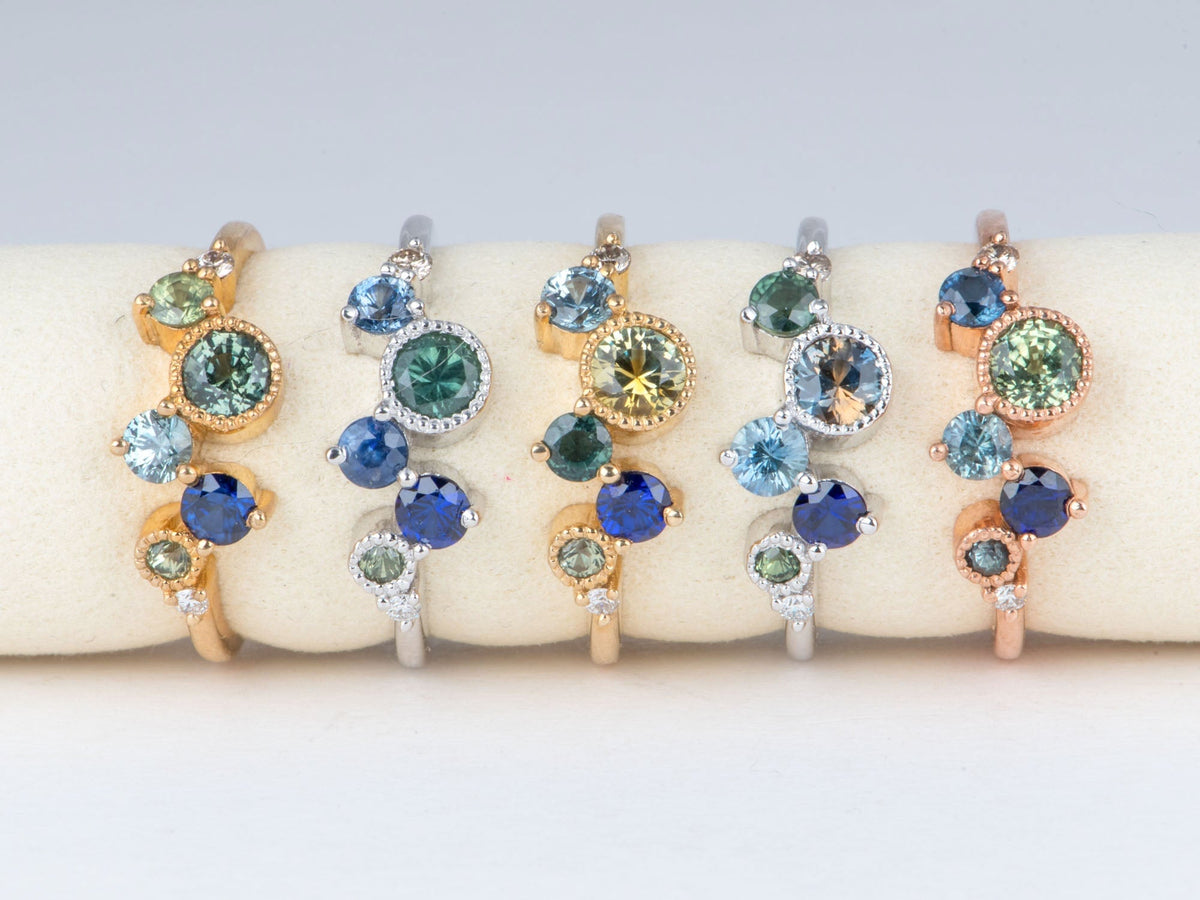14K Gold Montana Sapphire and Diamond Cluster Ring Wedding Stacking Band Unique Teal Champagne Natural Diamonds R6855 Aurora Designer