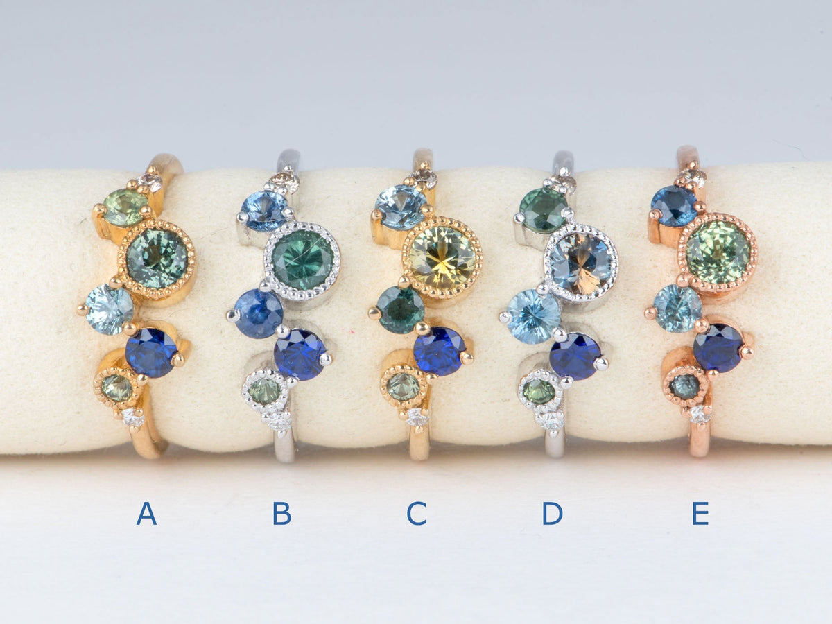 14K Gold Montana Sapphire and Diamond Cluster Ring Wedding Stacking Band Unique Teal Champagne Natural Diamonds R6855 Aurora Designer