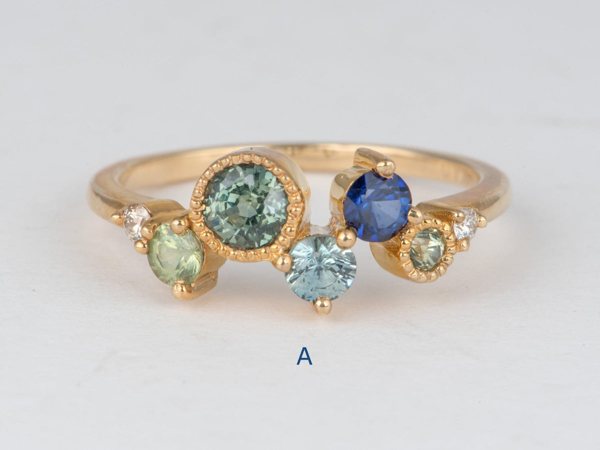 14K Gold Montana Sapphire and Diamond Cluster Ring Wedding Stacking Band Unique Teal Champagne Natural Diamonds R6855 Aurora Designer