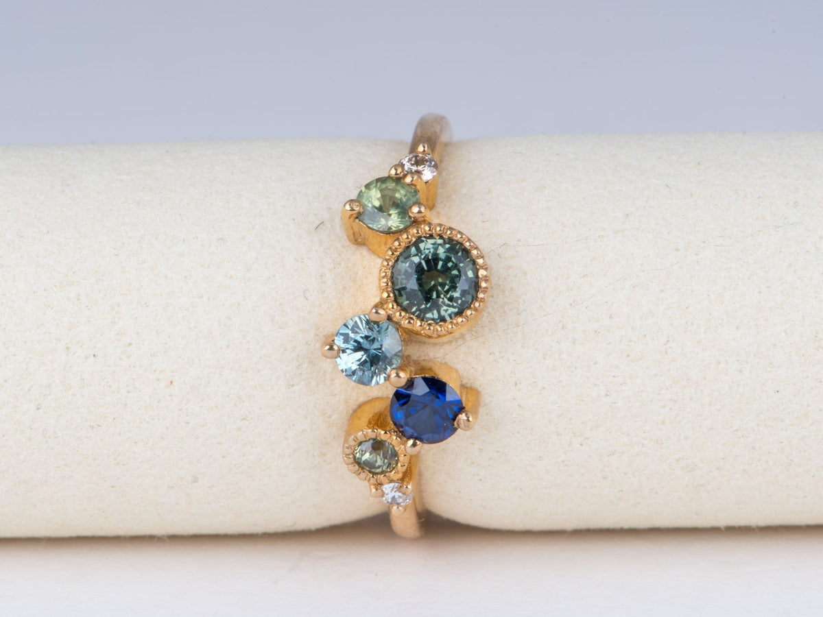 14K Gold Montana Sapphire and Diamond Cluster Ring Wedding Stacking Band Unique Teal Champagne Natural Diamonds R6855 Aurora Designer
