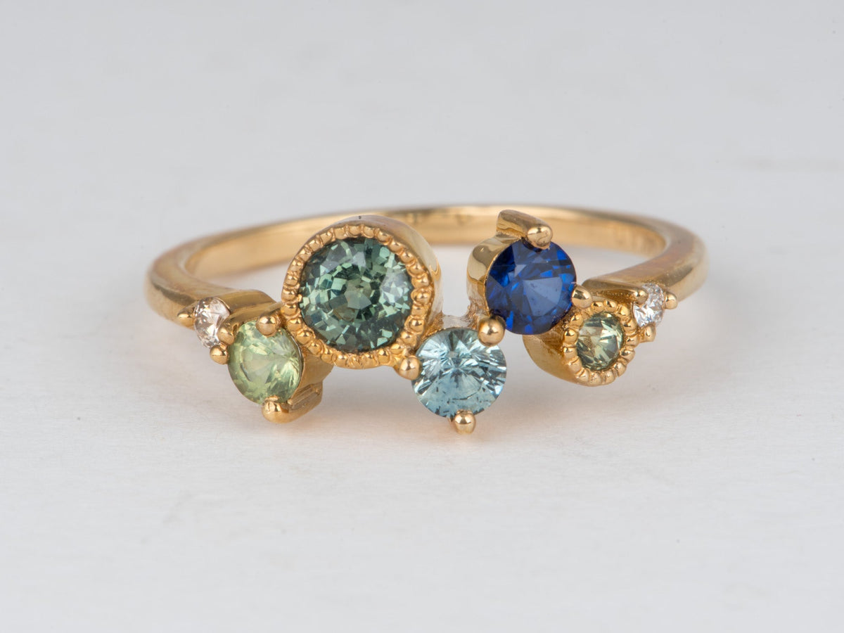 14K Gold Montana Sapphire and Diamond Cluster Ring Wedding Stacking Band Unique Teal Champagne Natural Diamonds R6855 Aurora Designer