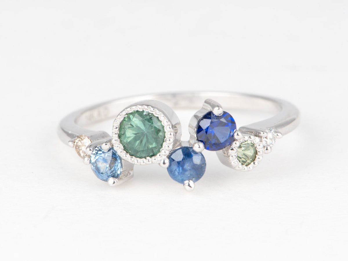 14K Gold Montana Sapphire and Diamond Cluster Ring Wedding Stacking Band Unique Teal Champagne Natural Diamonds R6855 Aurora Designer