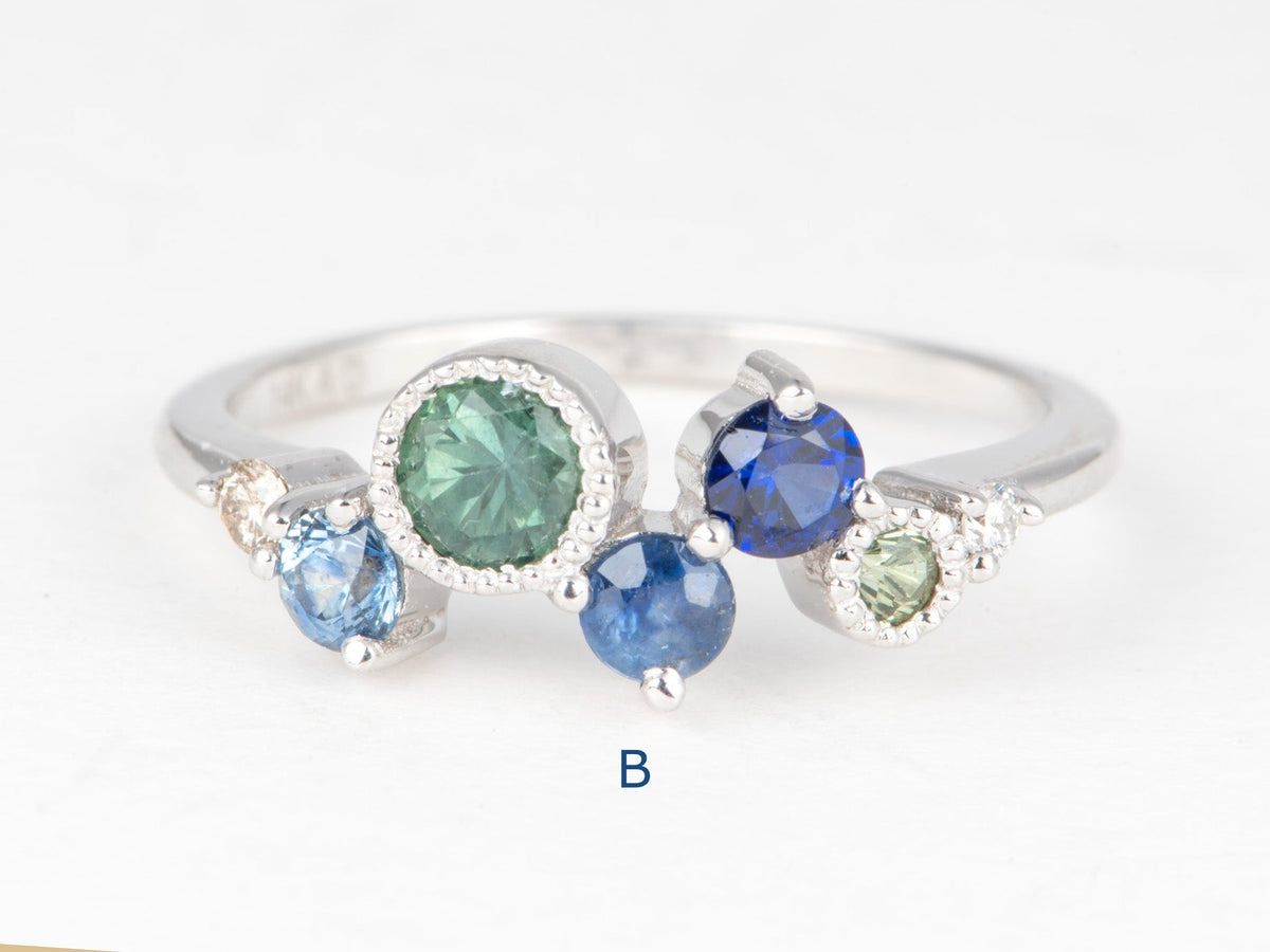 14K Gold Montana Sapphire and Diamond Cluster Ring Wedding Stacking Band Unique Teal Champagne Natural Diamonds R6855 Aurora Designer