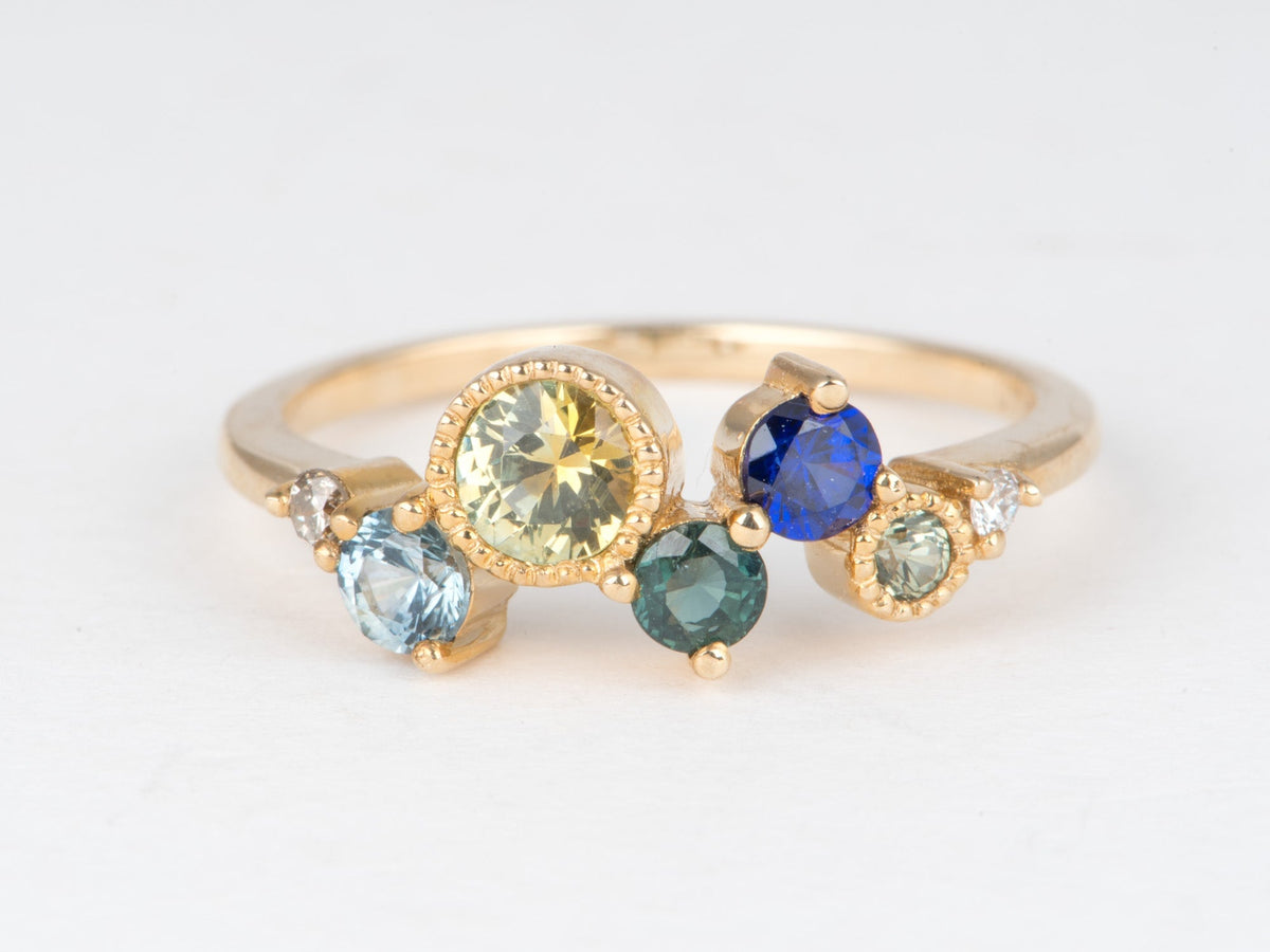 14K Gold Montana Sapphire and Diamond Cluster Ring Wedding Stacking Band Unique Teal Champagne Natural Diamonds R6855 Aurora Designer