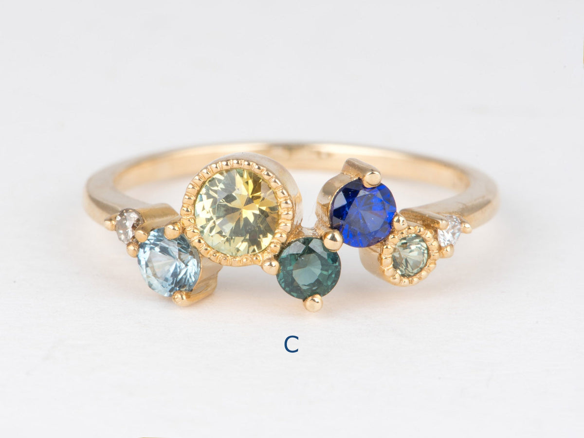 14K Gold Montana Sapphire and Diamond Cluster Ring Wedding Stacking Band Unique Teal Champagne Natural Diamonds R6855 Aurora Designer