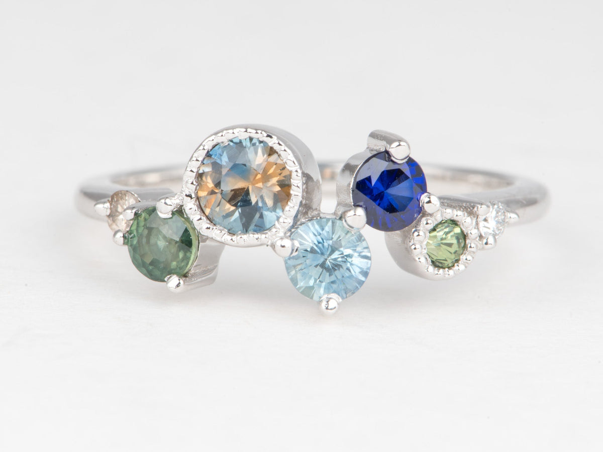 14K Gold Montana Sapphire and Diamond Cluster Ring Wedding Stacking Band Unique Teal Champagne Natural Diamonds R6855 Aurora Designer