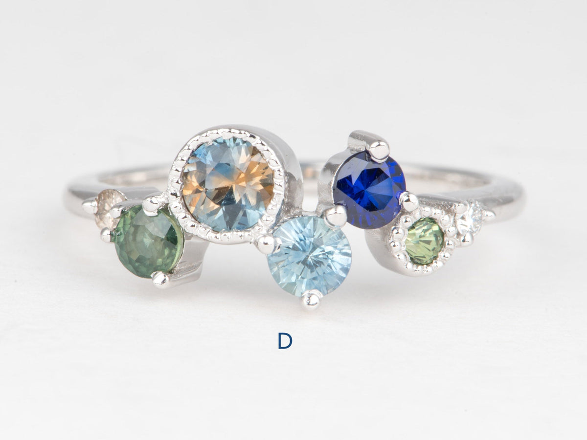 14K Gold Montana Sapphire and Diamond Cluster Ring Wedding Stacking Band Unique Teal Champagne Natural Diamonds R6855 Aurora Designer