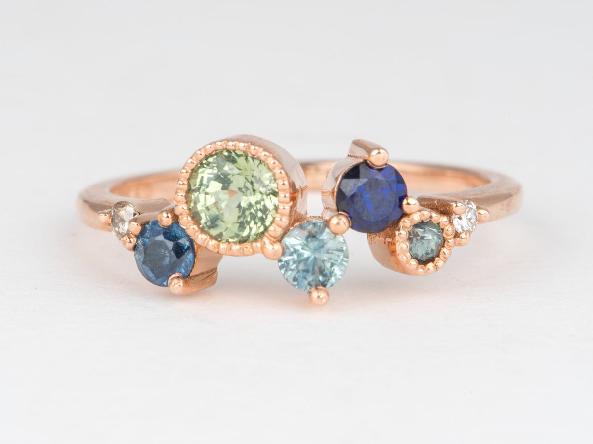 14K Gold Montana Sapphire and Diamond Cluster Ring Wedding Stacking Band Unique Teal Champagne Natural Diamonds R6855 Aurora Designer