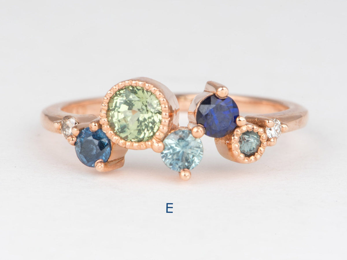 14K Gold Montana Sapphire and Diamond Cluster Ring Wedding Stacking Band Unique Teal Champagne Natural Diamonds R6855 Aurora Designer