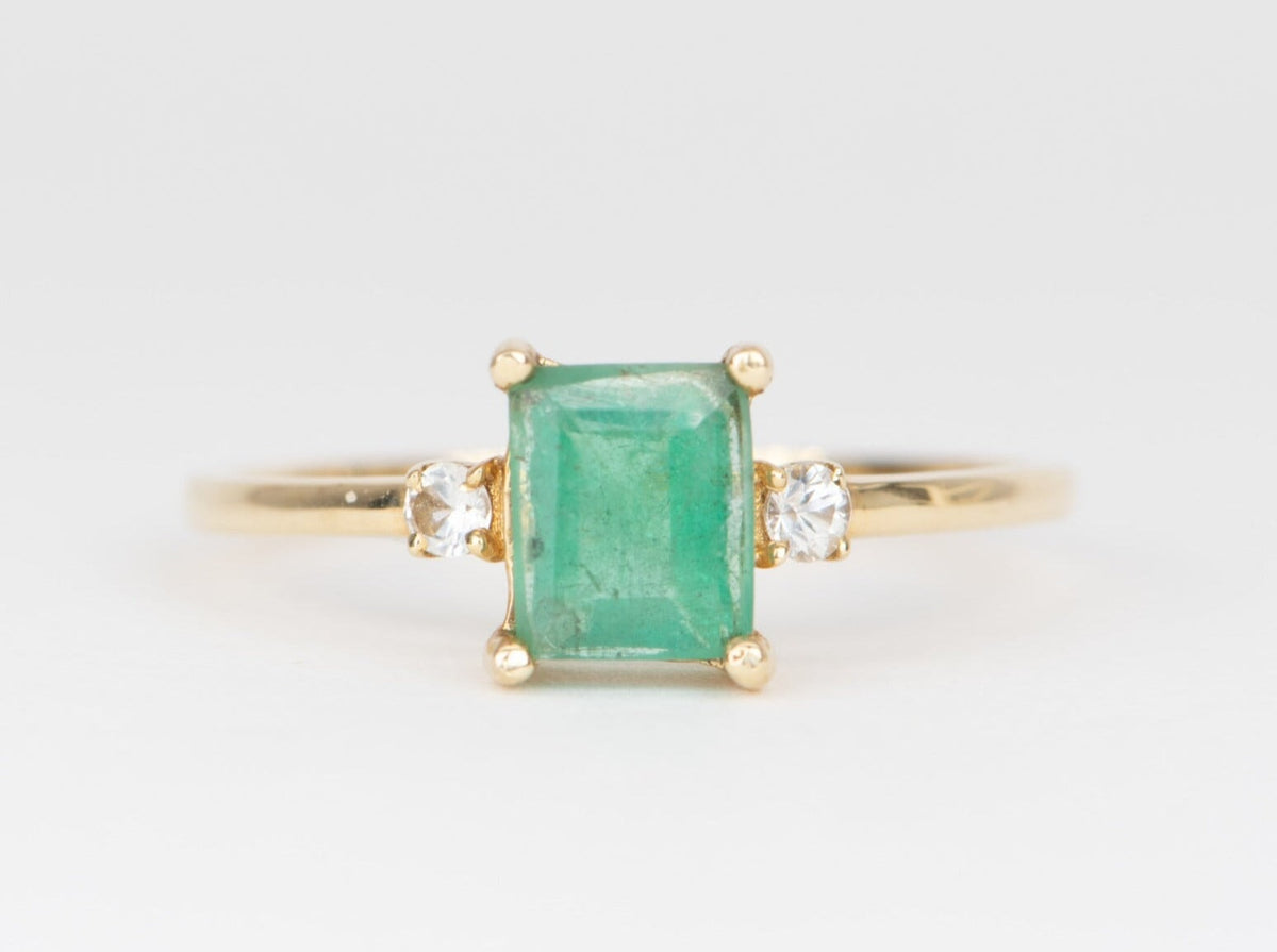 Emerald and White Sapphire 3-Stone Ring 14K Gold T016 Aurora Designer