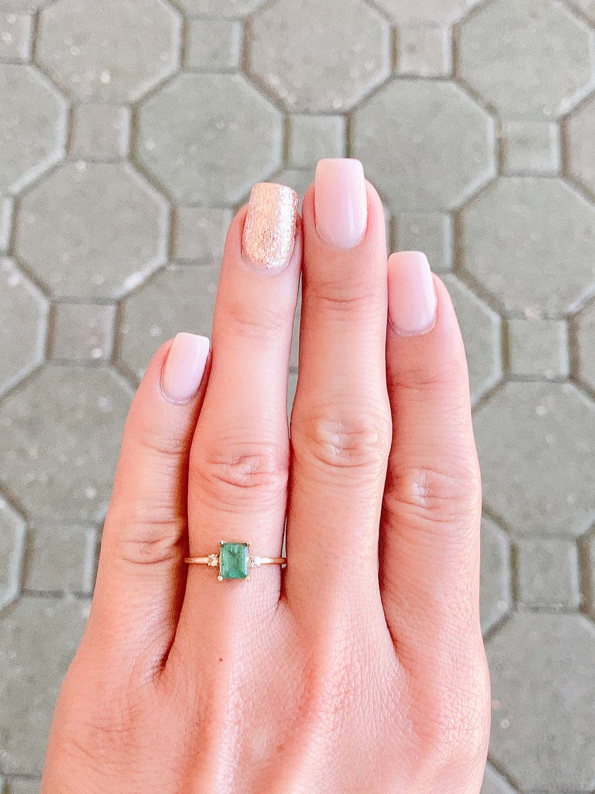 Emerald and White Sapphire 3-Stone Ring 14K Gold T016 Aurora Designer