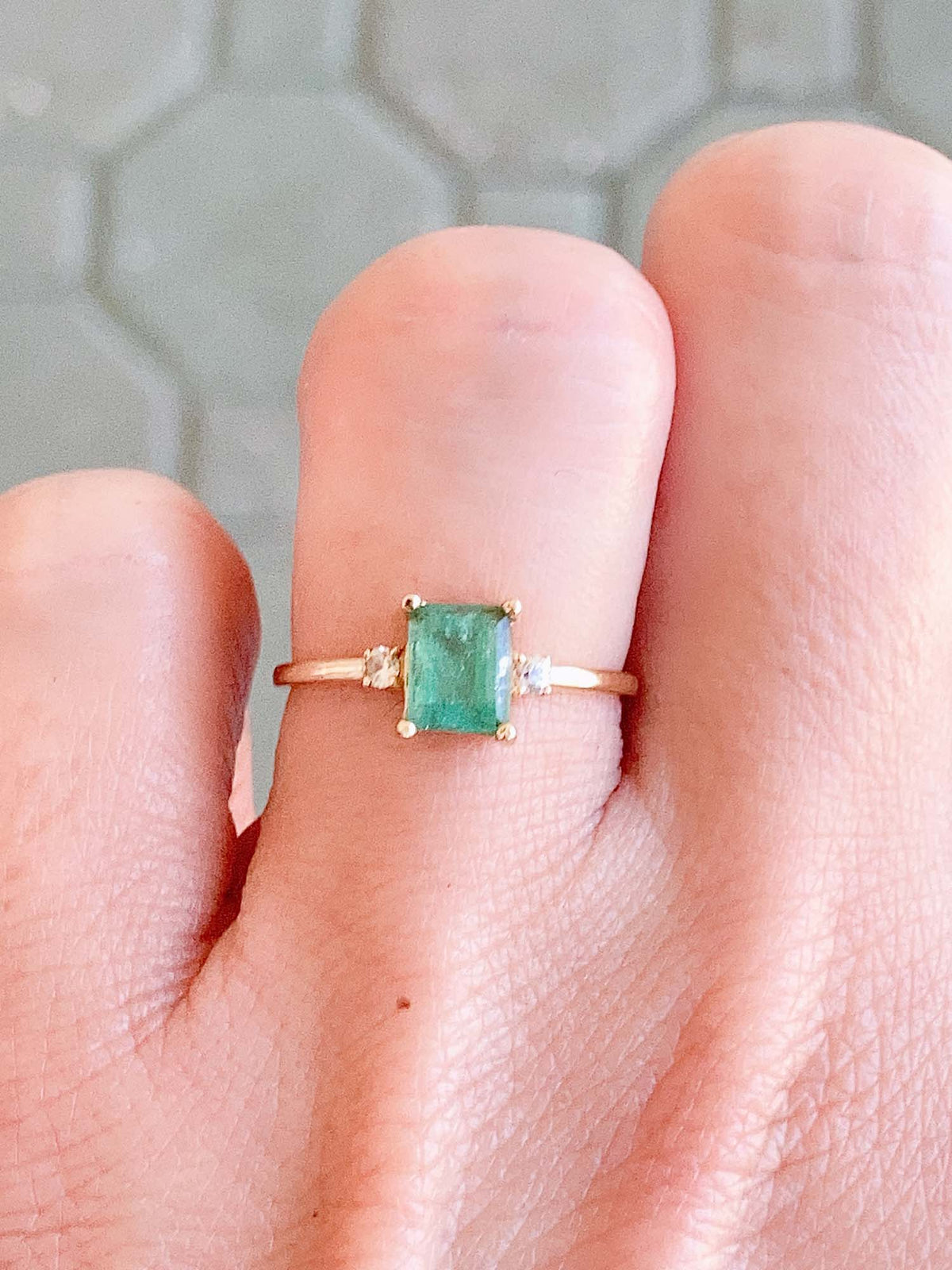 Emerald and White Sapphire 3-Stone Ring 14K Gold T016 Aurora Designer