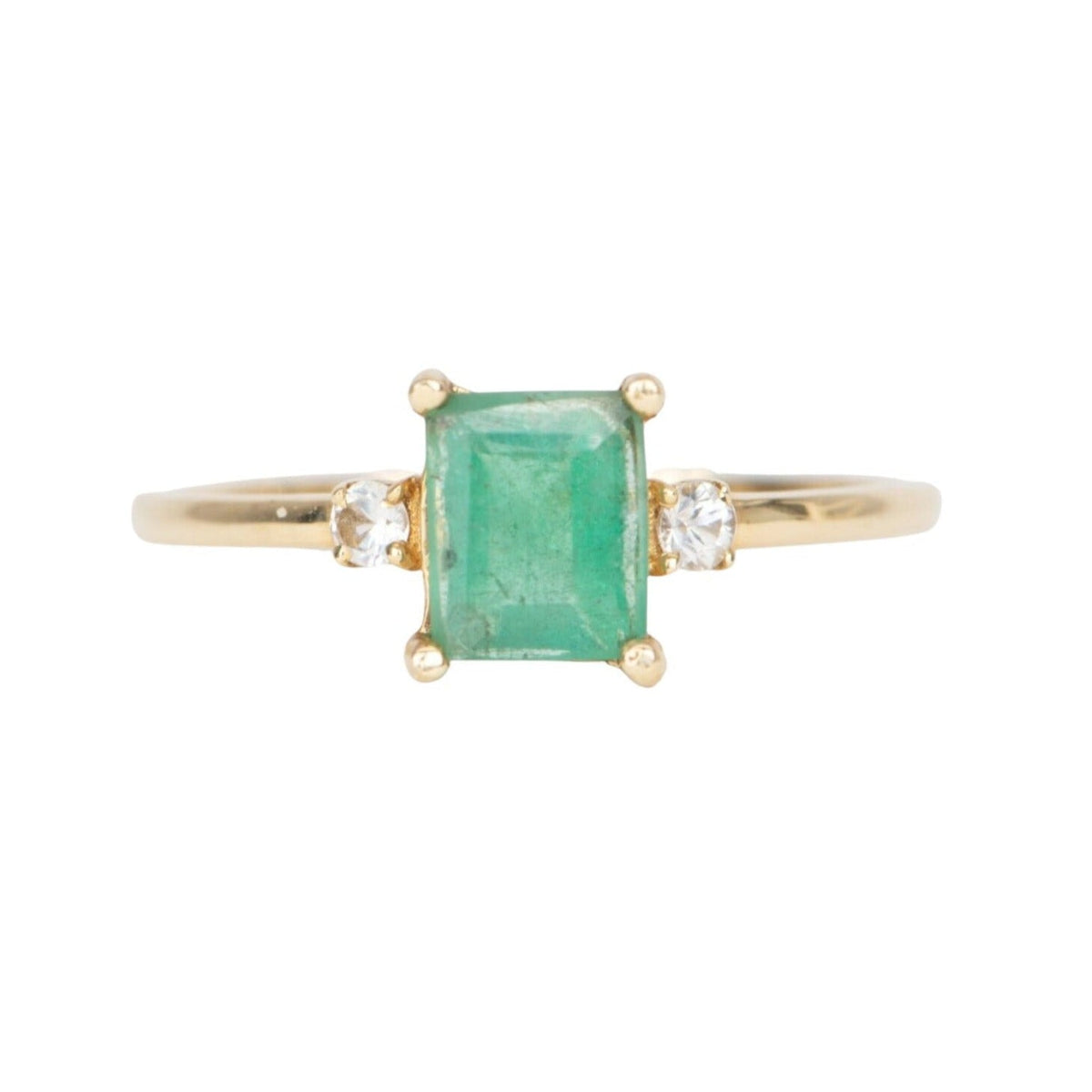 Emerald and White Sapphire 3-Stone Ring 14K Gold T016 Aurora Designer