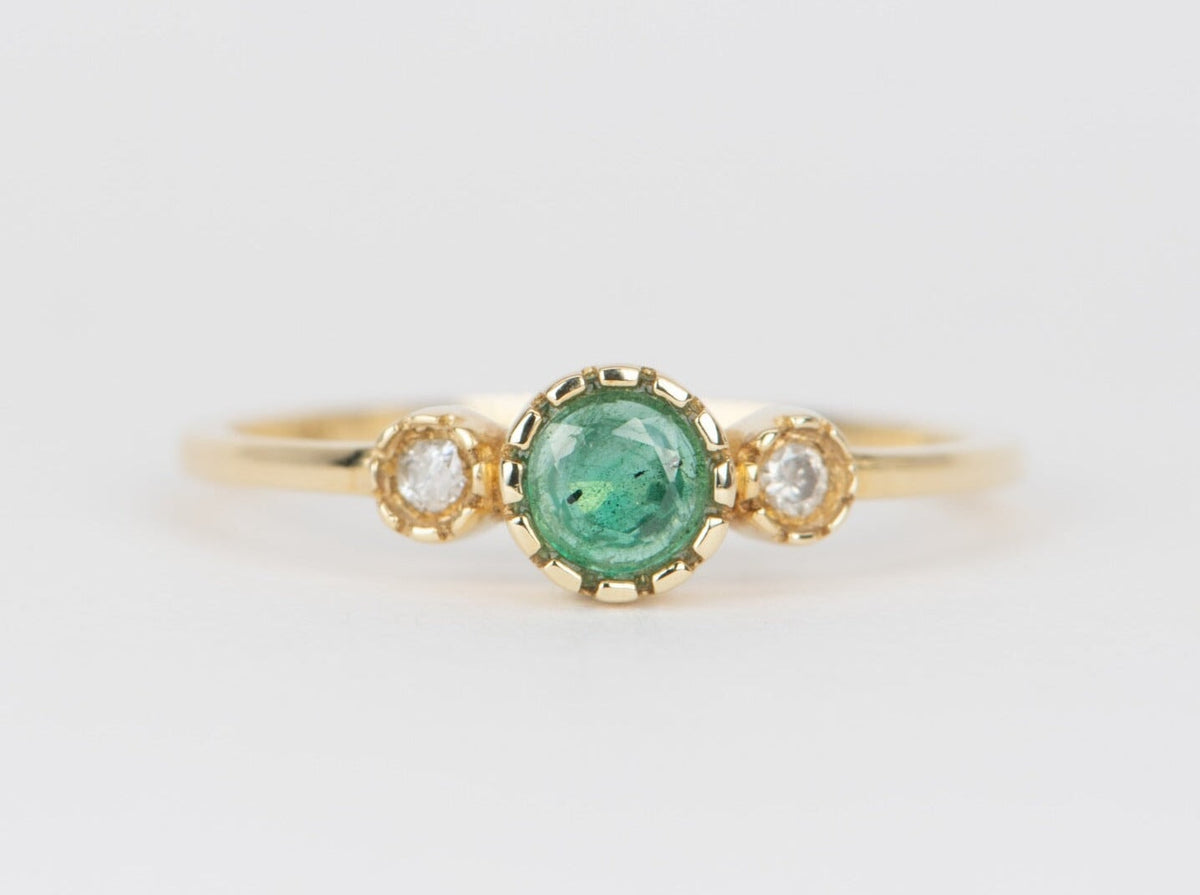 Dainty Emerald and Diamond Three-Stone Band 14K Gold T018 Aurora Designer