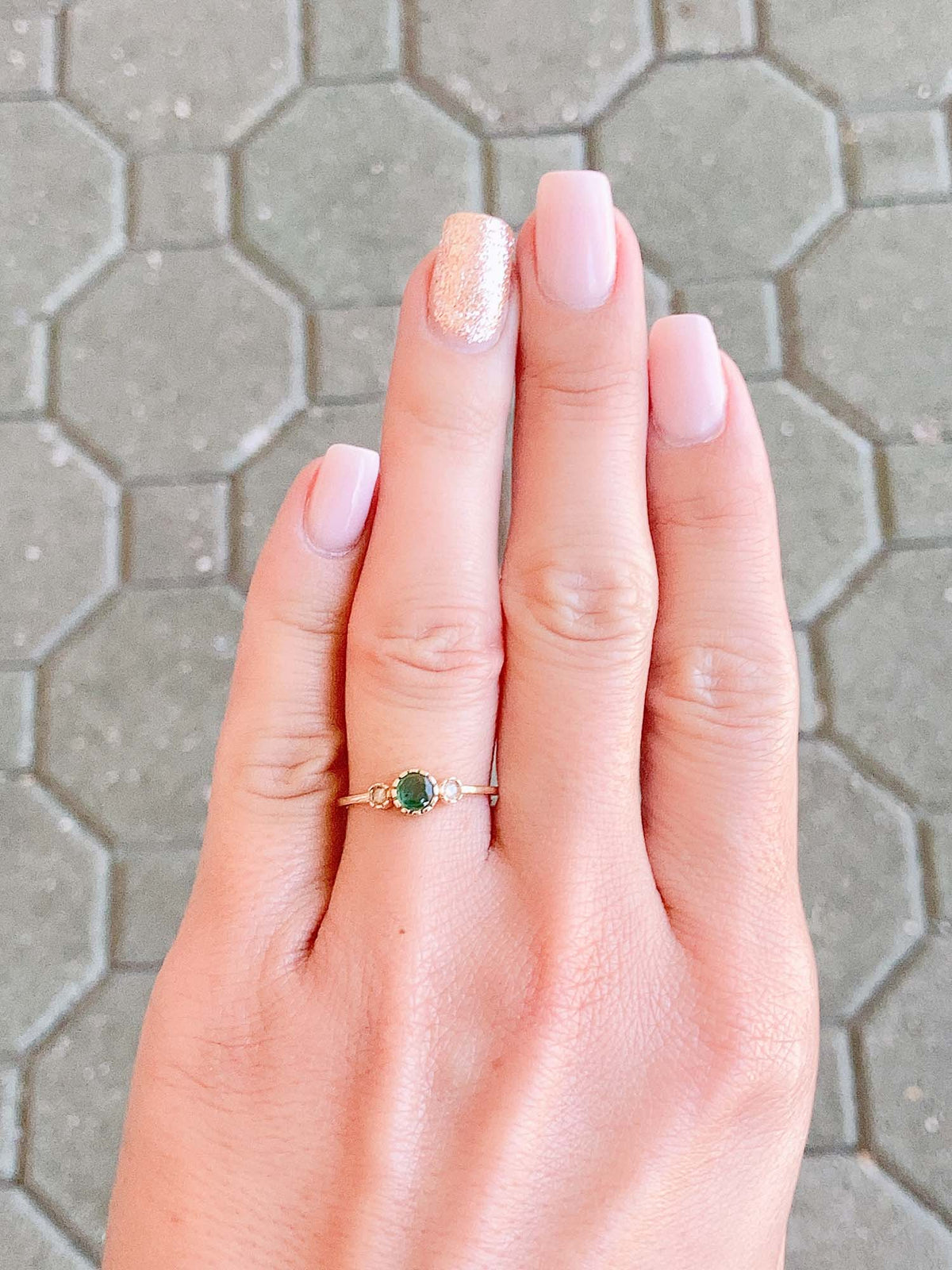 Dainty Emerald and Diamond Three-Stone Band 14K Gold T018 Aurora Designer