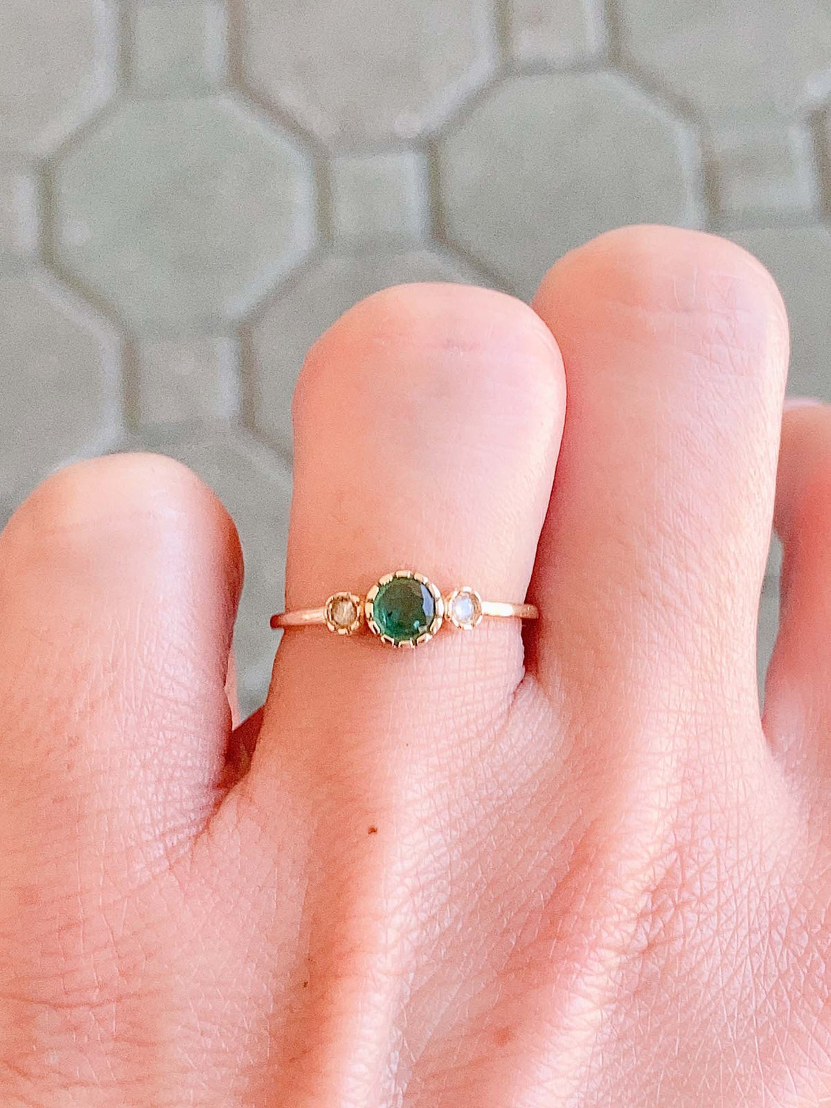 Dainty Emerald and Diamond Three-Stone Band 14K Gold T018 Aurora Designer