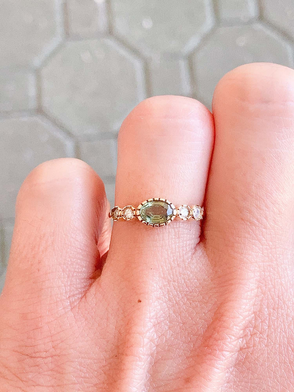 Green Sapphire and Moissanite 5-Stone Ring 14K Gold T019 Aurora Designer