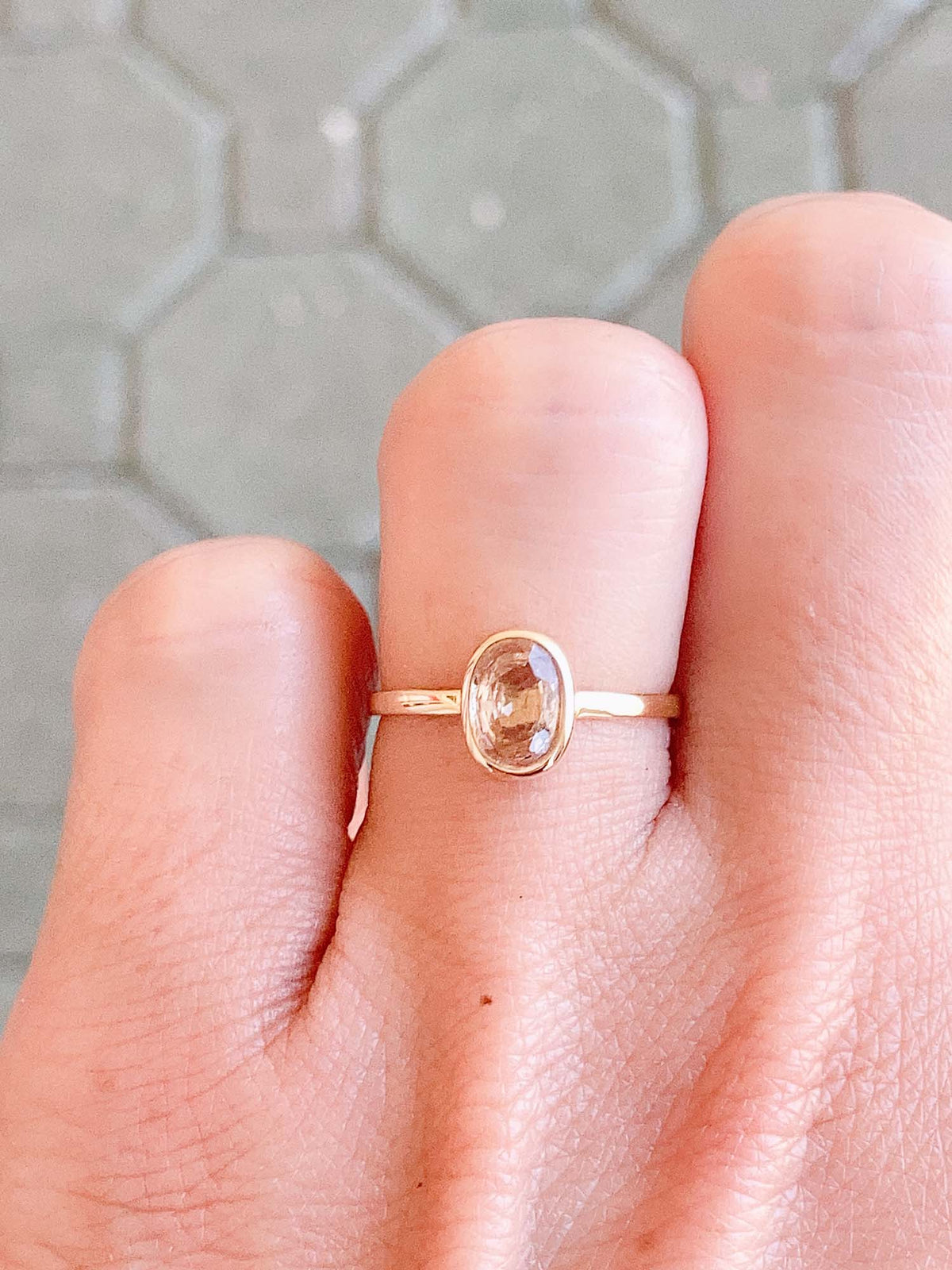 Peach Champagne Sapphire Bezel Set Ring 14K Gold T023 Aurora Designer