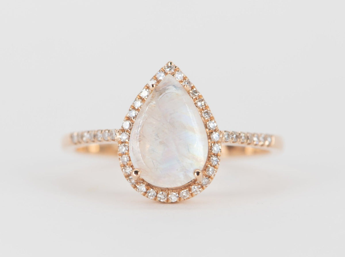 Rainbow Moonstone with Diamond Halo Engagement Ring 14K Rose Gold T026 Aurora Designer