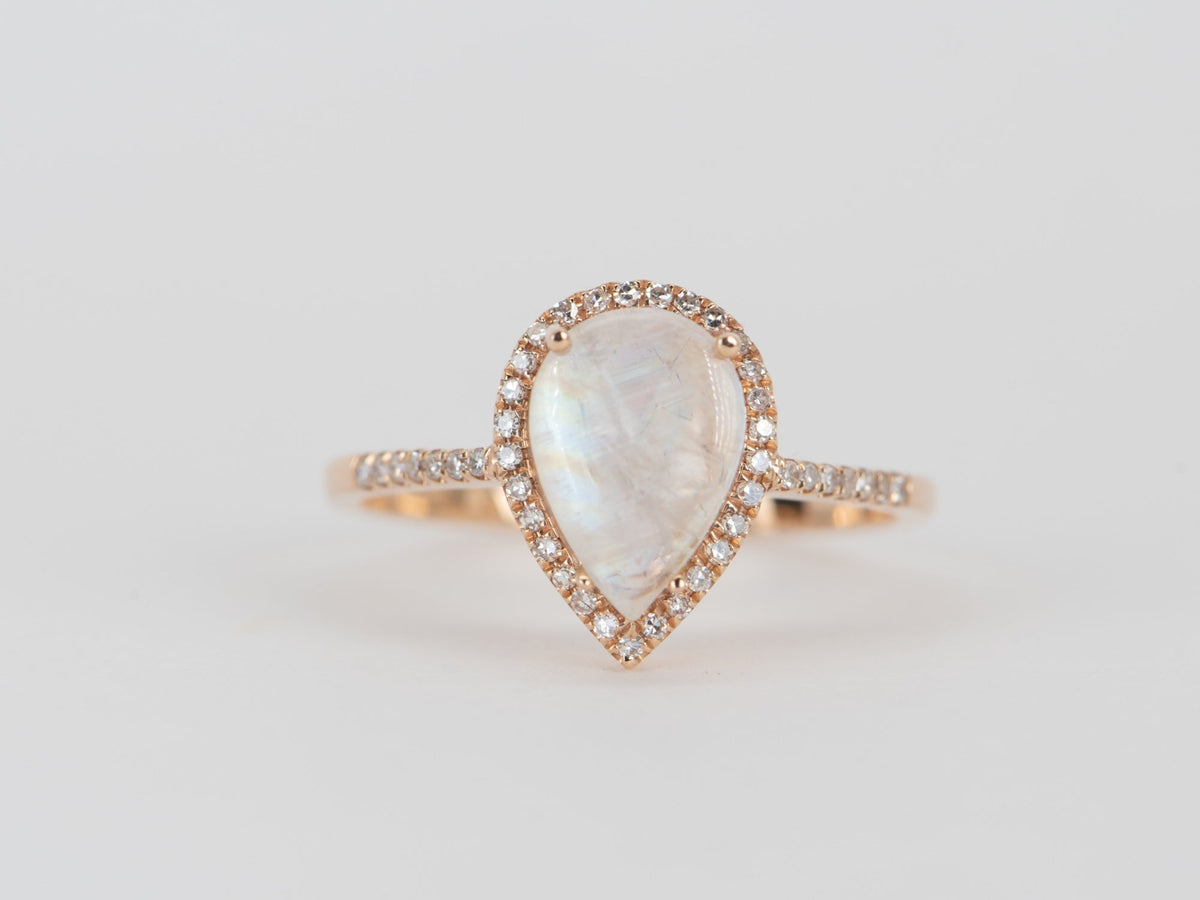 Rainbow Moonstone with Diamond Halo Engagement Ring 14K Rose Gold T026 Aurora Designer