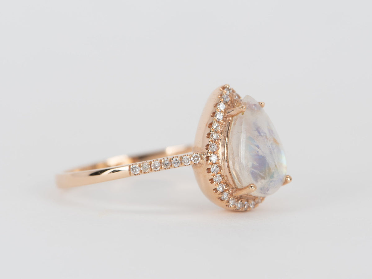 Rainbow Moonstone with Diamond Halo Engagement Ring 14K Rose Gold T026 Aurora Designer