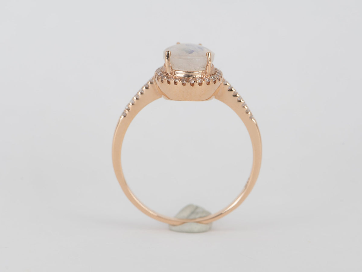 Rainbow Moonstone with Diamond Halo Engagement Ring 14K Rose Gold T026 Aurora Designer