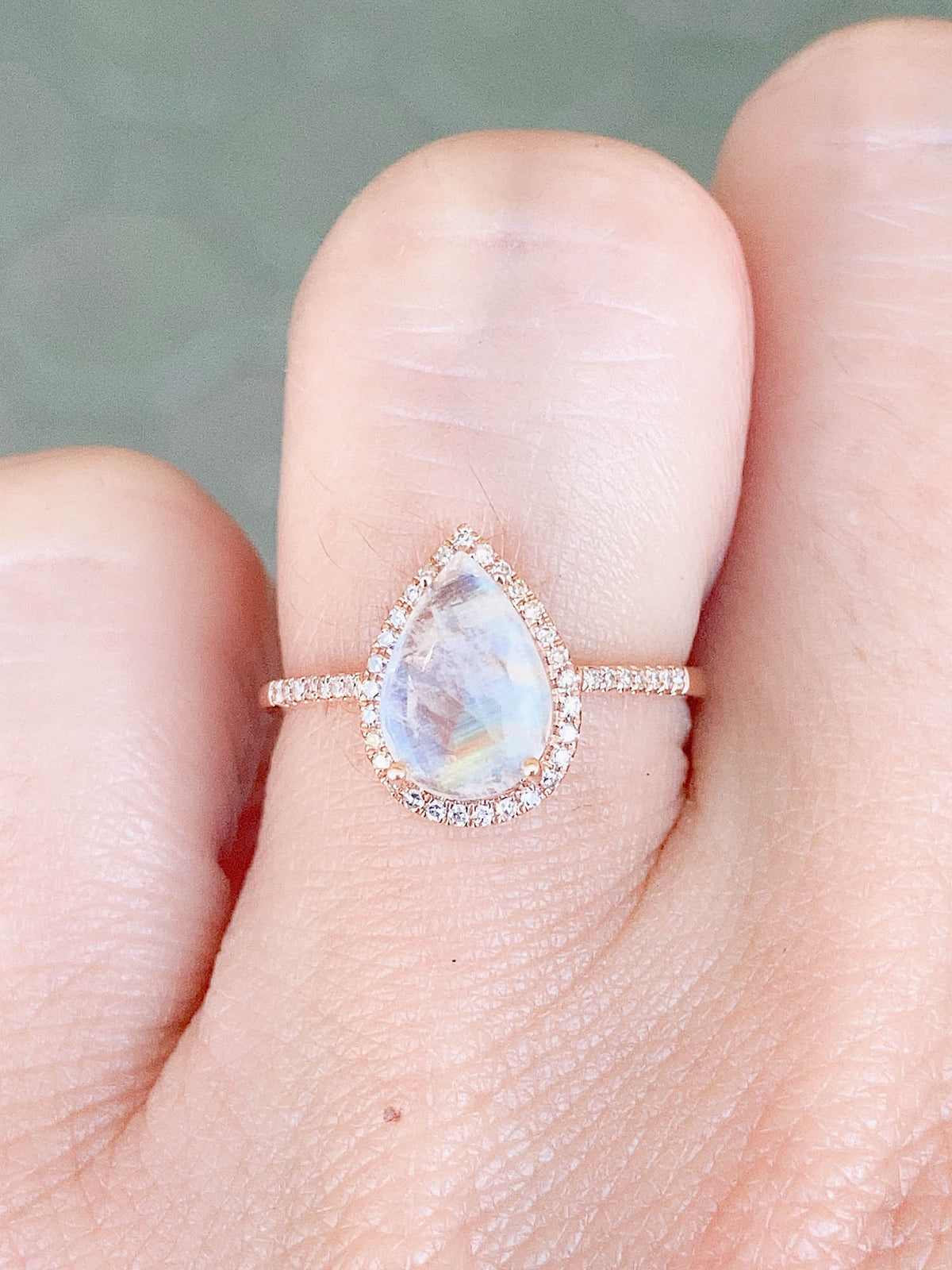 Rainbow Moonstone with Diamond Halo Engagement Ring 14K Rose Gold T026 Aurora Designer