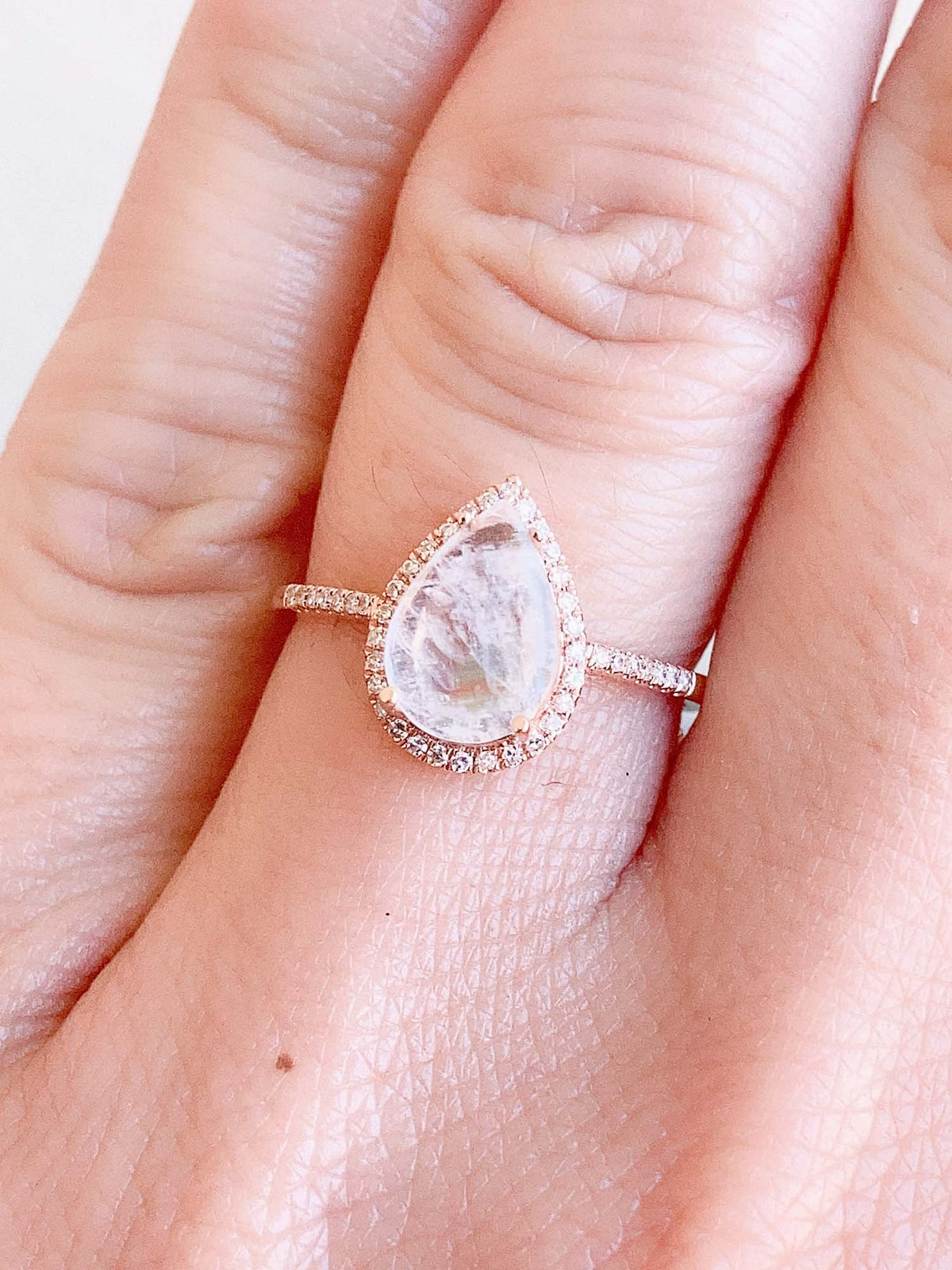 Rainbow Moonstone with Diamond Halo Engagement Ring 14K Rose Gold T026 Aurora Designer