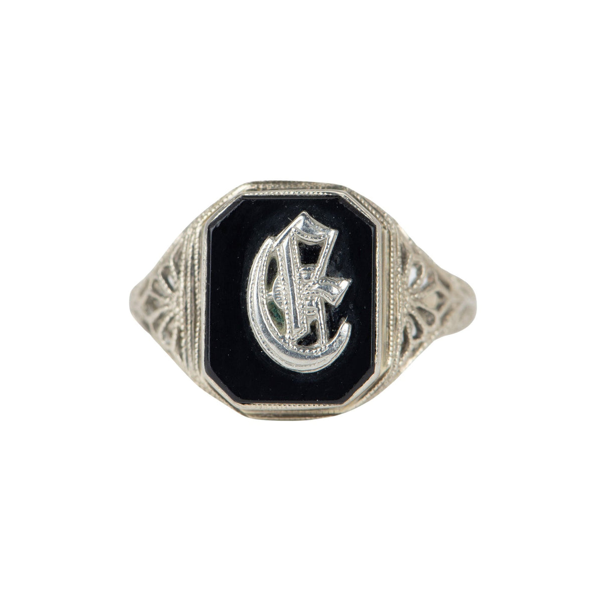14K White Gold Vintage Filigree Black Onyx Initial G Ring V1089 Aurora Designer