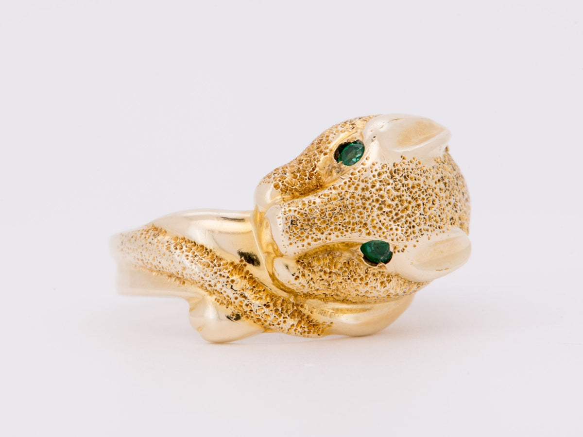 14K Gold Vintage Panther Ring with Emerald Eyes Textured Body &amp; Tail For Animal Lover V1037 Aurora Designer