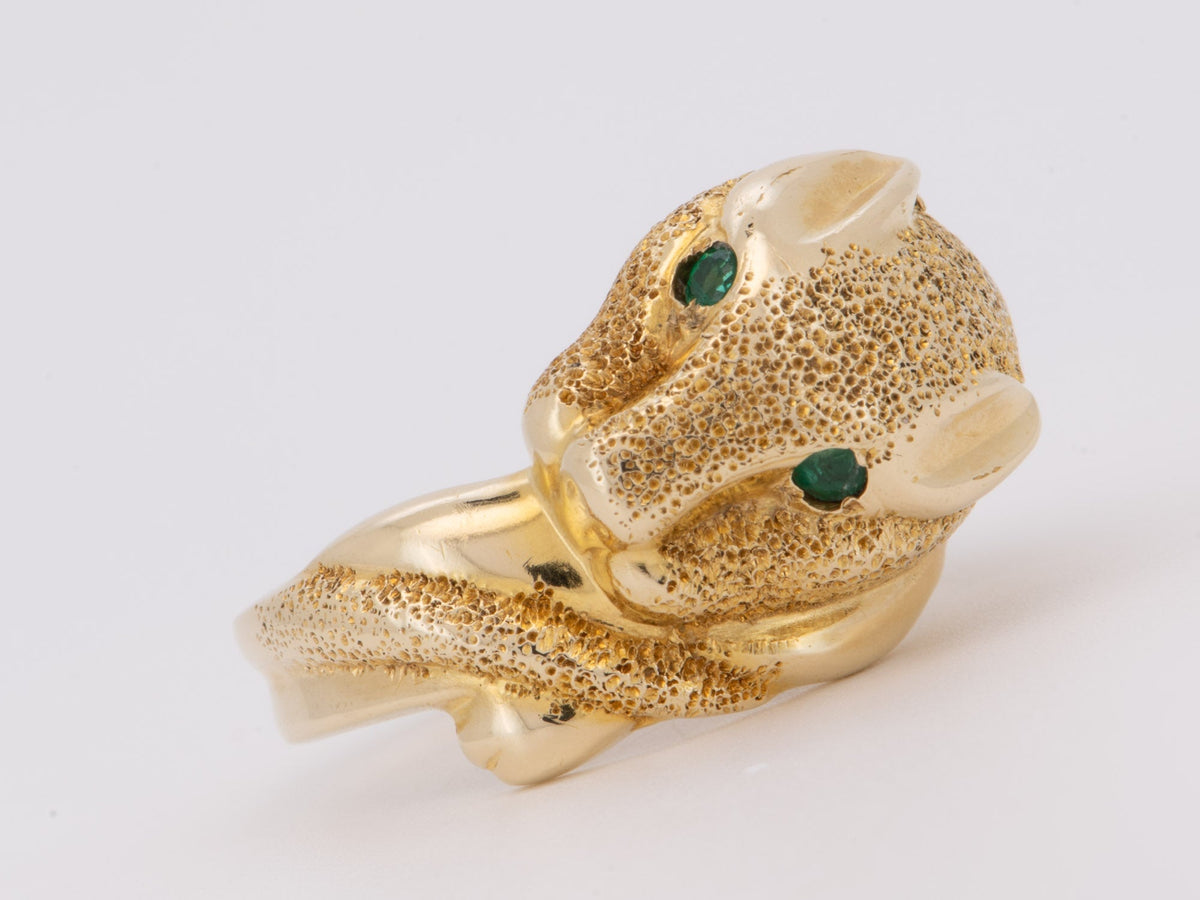 14K Gold Vintage Panther Ring with Emerald Eyes Textured Body &amp; Tail For Animal Lover V1037 Aurora Designer